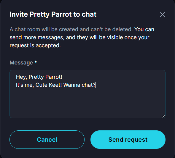 Messaging on Keet ✉️ Write an invite message to share more information about yourself with the person you’re contacting.