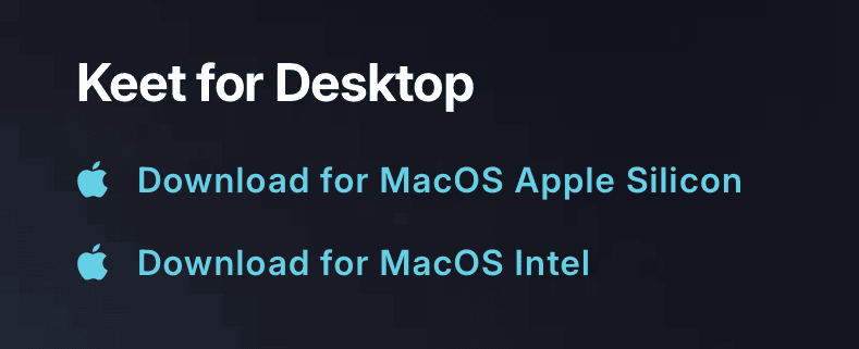 Installation · MacOS Keet download page with the macOS DMG installer on keet.io.