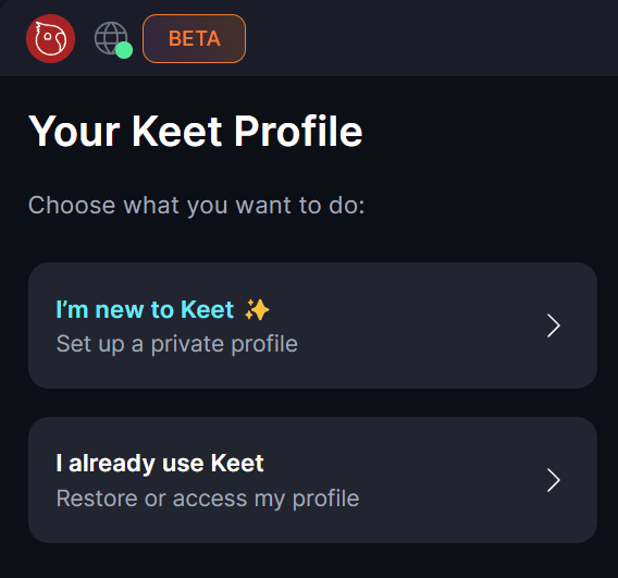 Setup · Download & Open Keet On launch, select “I’m new to Keet. Set up a private profile”.